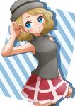  1girl absurdres blonde_hair blue_eyes blush breasts commentary_request eyelashes grey_headwear grin hand_up hat highres looking_to_the_side medium_hair pleated_skirt pokemon pokemon_(anime) pokemon_journeys red_skirt refisa serena_(pokemon) skirt smile solo sweater_vest teeth thighhighs 