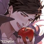  1boy 700hash apple artist_name belial_(granblue_fantasy) black_hair black_jacket feather_boa food fruit granblue_fantasy highres holding holding_food holding_fruit jacket male_focus open_mouth red_apple red_eyes short_hair solo tongue tongue_out 