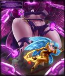 absurd_res angel breasts chain female female_focus hi_res huge_filesize humanoid kayle_(lol) larger_female league_of_legends macro magic magic_user morgana_(lol) purple_eyes reygunpocket_(artist) riot_games sibling_(lore) sister_(lore) size_difference thick_thighs winged_humanoid wings