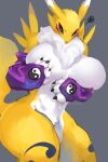 2021 3_fingers anthro arm_under_breast armwear artist_name bandai_namco big_breasts black_sclera blue_eyes blush breast_squish breasts bridal_gauntlets claws clothing digimon digimon_(species) dipstick_ears featureless_breasts female fingers fur kadomarco multicolored_ears navel renamon simple_background small_nose solo squish tail thick_thighs tuft white_body white_fur yellow_body yellow_fur
