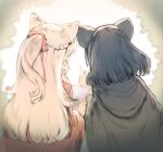  2girls animal_ears black_hair blue_eyes cloud_horizon fox_ears fox_girl highres lily_linglan long_hair looking_at_viewer margaret_(vtuber) multiple_girls sibyl smile tail virtual_youtuber white_hair witch wolf_ears wolf_girl yellow_eyes 