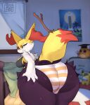 absurd_res anthro big_butt bottomwear braixen butt canid canine clothed clothing female foxialewd fur generation_6_pokemon hi_res huge_butt inner_ear_fluff mammal nintendo pokemon pokemon_(species) rear_view simple_background solo tail tuft white_body white_fur yellow_body yellow_fur