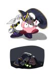  ! 2boys armor bel_(doting123) blue_cape blush_stickers cape colored_skin commentary_request gloves glowing highres kirby kirby_(series) mask meta_knight multiple_boys pauldrons pink_skin shoulder_armor solid_oval_eyes white_gloves yellow_eyes 
