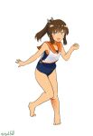  1girl absurdres barefoot blue_one-piece_swimsuit brown_eyes brown_hair full_body hair_ornament highres i-401_(kancolle) kantai_collection medium_hair old_school_swimsuit one-hour_drawing_challenge one-piece_swimsuit orange_sailor_collar ponytail robinson_(day_l_full) sailor_collar sailor_shirt school_swimsuit shirt side-tie_shirt simple_background sleeveless sleeveless_shirt solo standing swimsuit swimsuit_under_clothes tan white_background 