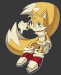 anthro blue_eyes canid canine clothing dipstick_tail footwear fox fur gloves handwear hi_res looking_at_viewer male mammal markings massivetwo miles_prower sega shoes simple_background smile solo sonic_the_hedgehog_(series) tail tail_markings white_body white_fur yellow_body yellow_fur