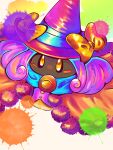  1girl blush_stickers bow commentary_request hat hat_bow highres kirby:_triple_deluxe kirby_(series) looking_at_viewer minya_(minyamokarva) no_humans paint_splatter paintra solid_oval_eyes solo witch_hat yellow_eyes 
