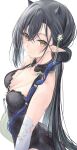  1girl absurdres arknights bare_shoulders bead_necklace beads black_hair black_horns black_one-piece_swimsuit blacknight_(arknights) blacknight_(summer_flower)_(arknights) blue_hair breasts cleavage closed_mouth collarbone colored_inner_hair commentary_request detached_sleeves eyebrow_piercing from_side green_eyes hair_bun hair_ornament highres horns jewelry long_hair looking_at_viewer medium_breasts mizuasagi35181 multicolored_hair necklace official_alternate_costume one-piece_swimsuit pearl_necklace piercing pointy_ears simple_background single_hair_bun solo swimsuit white_background 