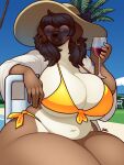 2024 alcohol anthro beverage big_breasts bikini black_hair blazbaros blue_eyes breasts brown_body brown_fur bulging_breasts canid canine canis clothing container cup domestic_dog drinking_glass ear_piercing ear_ring eyewear female front-tie_bikini fur glass glass_container glass_cup glasses hair hat headgear headwear hi_res huge_breasts looking_at_viewer mammal millie_(jezzlen) outside piercing ring_piercing round_glasses side-tie_bikini slightly_chubby solo string_bikini sun_hat swimwear tan_body tan_fur thick_thighs wide_hips wine wine_glass yellow_bikini yellow_clothing yellow_swimwear