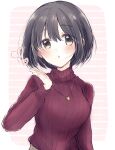  1girl :o ba_ra_ran black_hair blowing_kiss blush breasts ear_blush heart highres idolmaster idolmaster_cinderella_girls long_sleeves looking_at_viewer medium_breasts red_sweater ribbed_sweater short_hair solo sweater takafuji_kako two-tone_background upper_body yellow_eyes 