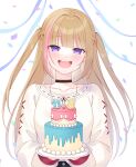  1girl blush braid brown_choker brown_hair cake choker commission food highres holding holding_plate jewelry long_hair long_sleeves multicolored_hair nata_ichio necklace open_mouth original pink_hair plate purple_eyes shirt skeb_commission smile solo very_long_hair white_shirt 