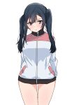  1girl absurdres alternate_hairstyle black_hair blush breasts closed_mouth commentary_request grey_eyes hair_between_eyes highres jacket long_hair long_sleeves looking_at_viewer love_live! love_live!_nijigasaki_high_school_idol_club medium_breasts poizun_(user_wmgk4287) sidelocks simple_background solo standing twintails upper_body white_background white_jacket yuki_setsuna_(love_live!) 