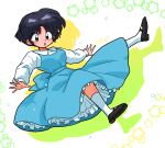  1girl abstract_background arms_out belt_bow black_hair blue_dress blush brown_eyes brown_fur dress falling long_dress long_sleeves open_mouth petticoat ranma_1/2 school_uniform shirt short_hair signature socks surprised tendou_akane wanta_(futoshi) white_petticoat white_shirt white_socks 