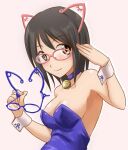  1girl animal_ears bare_shoulders bell black_hair blue-framed_eyewear blue_choker blue_leotard blush breasts brown_eyes cat_ears choker cleavage closed_mouth collarbone fake_animal_ears hands_up holding holding_removed_eyewear idolmaster idolmaster_cinderella_girls idolmaster_cinderella_girls_starlight_stage jingle_bell kamijo_haruna leotard looking_at_viewer medium_breasts neck_bell pink-framed_eyewear pink_background short_hair simple_background smile solo strapless strapless_leotard takahashi_takeshi unworn_eyewear upper_body white_wrist_cuffs wrist_cuffs 