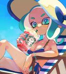  1girl arm_rest bare_shoulders bikini blue_bikini blue_bow blue_bracelet blue_eyes blue_hair blue_nails blue_sky bow bracelet breasts cleavage cup dated_commentary deck_chair disposable_cup drinking drinking_straw drinking_straw_in_mouth feet_out_of_frame hat hat_bow holding holding_cup jewelry koike3582 logo_parody long_hair medium_breasts octoling octoling_girl octoling_player_character on_chair side-tie_bikini_bottom sitting sky solo splatoon_(series) sun_hat sweat swimsuit tentacle_hair 
