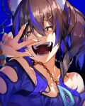  1girl absurdres animal_ears bangs bare_shoulders bead_bracelet beads blue_hair blue_shirt blurry bracelet breasts brown_hair chabashira_(tyabasirak55) cleavage clothing_cutout collarbone daitaku_helios_(umamusume) depth_of_field fangs fingernails hair_ornament hairclip hand_up highres horse_ears jewelry long_hair multicolored_hair necklace open_mouth sharp_fingernails shirt side_ponytail smile solo star-shaped_pupils star_(symbol) streaked_hair symbol-shaped_pupils teeth tongue umamusume upper_body w yellow_eyes 