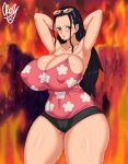  1girl absurdres armpits arms_behind_head arms_up black_hair black_shorts blue_eyes blush bouncing_breasts breasts camisole cleavage covered_nipples english_commentary eyewear_on_head fiery_background fire floral_print highres hot huge_breasts long_hair motion_lines nico_robin one_piece open_mouth oroz_kun short_shorts shorts sidelocks signature skin_tight sleeveless sunglasses sweat thick_thighs thighs 