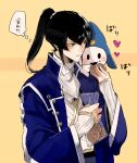 1boy black_hair blue_coat blush coat commentary_request flynn_(smt4) food green_eyes heart high_ponytail holding holding_food iriya_(lonesome) jack_frost long_hair male_focus monster open_clothes open_coat ponytail samurai shin_megami_tensei shin_megami_tensei_iv thought_bubble translation_request upper_body yellow_background 