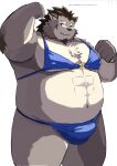 9dtq0 abs absurd_res anthro belly bikini black_hair bulge canid canine canis clothed clothing crossdressing eyebrows flexing fur grey_body grey_fur hair hi_res male mammal musclegut muscular navel pecs solo swimwear tamacolle thick_eyebrows wolf yamato_(tamacolle)