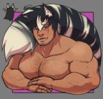  1boy bara barawulf_nsfw beard_stubble blush borrowed_character cropped_torso dark-skinned_male dark_skin facial_hair hairy large_pectorals large_tail looking_at_viewer male_focus muscular muscular_male nude original own_hands_together pectorals purple_eyes short_hair skunk_boy skunk_ears skunk_tail smile solo sparse_arm_hair stubble tail tail_raised thick_chest_hair thick_eyebrows two-tone_tail vlad_(pteroscreams) 
