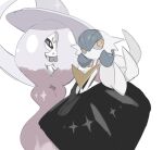  alternate_color black_dress black_gloves black_sclera blue_hair colored_sclera dress elbow_gloves gardevoir gloves hair_over_one_eye hat hatterene highres mega_gardevoir open_mouth orange_eyes own_hands_together pokemon pokemon_(creature) prehensile_hair shiny_pokemon simple_background suramo_(lbsto3m) white_background witch_hat 