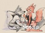  2022 anthro bedroom_eyes canid canine canis clothed clothing diane_foxington distracting_watermark dominant dominant_female dreamworks duo eye_contact female fluffy fluffy_tail fox fur grey_body grey_fur hi_res knife leash leashed_male lingerie looking_at_another male male/female mammal mr._wolf_(the_bad_guys) narrowed_eyes open_clothing open_shirt open_topwear orange_body orange_fur pillow seductive shirt simple_background straddling submissive submissive_male teddy_(clothing) the_bad_guys topwear wangchuanchuan watermark wolf 