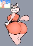 2024 anthro big_butt bodily_fluids breasts butt cellulite clothing clothing_grab digital_media_(artwork) domestic_cat dress felid feline felis female k.see looking_up mammal nervous panties pink_body red_clothing red_dress reference_image shima_luan side_boob solo super_planet_dolan sweat thick_thighs tight_clothing translucent translucent_clothing underwear