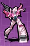  1girl arcee artist_name autobot blue_eyes fusion gun holding holding_gun holding_weapon makoto_ono mecha mechanical_wings no_humans open_hand purple_background robot science_fiction smile solo starscream transformers transformers:_generation_1 weapon wings 