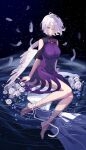  1girl bare_legs bare_shoulders barefoot bird_wings breasts closed_mouth dress feathered_wings feathers flower grey_hair hair_over_one_eye highres kishin_sagume large_breasts leg_ribbon niceguangguang night night_sky partially_submerged purple_dress red_eyes ribbon rose shin_strap single_wing sitting sky solo touhou water white_flower white_ribbon white_rose white_wings wings 