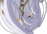 1girl ayamame capelet commentary crying crying_with_eyes_open earrings elf frieren green_eyes highres jewelry long_hair parted_lips pointy_ears simple_background solo sousou_no_frieren tears twintails upper_body upside-down white_background white_capelet white_hair 