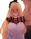  2girls @_@ bar_censor black_gloves black_thighhighs blonde_hair blue_eyes blush body_markings breasts caenis_(fate) censored dark-skinned_female dark_skin fate/grand_order fate_(series) full-face_blush futa_with_female futanari genderswap genderswap_(mtf) gloves hair_between_eyes hand_on_another&#039;s_head hand_up highres imminent_fellatio kirschtaria_wodime large_breasts long_hair long_sleeves looking_at_penis multiple_girls penis puff_of_air sabamori shirt simple_background sketch sweat thighhighs veins veiny_penis white_background white_gloves white_shirt 