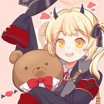  1girl black_horns blonde_hair blue_archive demon_horns gehenna_academy_logo halo hat heart highres horns ibuki_(blue_archive) kelsuis notice_lines oversized_clothes peaked_cap side_ponytail stuffed_animal stuffed_toy teddy_bear winged_heart yellow_eyes yellow_halo 