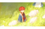  1boy :o amagi_hiiro bangs blue_eyes blue_robe child curious day earrings ensemble_stars! falling_leaves field flock flower from_above grass grazing_(livestock) highres jewelry leaf letterboxed long_sleeves looking_at_viewer looking_up male_child male_focus motion_blur nature outdoors petals red_hair sash sheep shitan_(tantan_0821) short_hair standing vest white_flower wind 