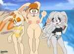 anthro areola beach big_breasts big_ears black_clothing black_swimwear blush blush_lines breasts brown_body brown_eyes brown_fur brown_hair clothing cream_the_rabbit dipstick_ears eyelashes fan_character female floppy_ears fur genitals group hair head_tuft hi_res lagomorph leporid lop_ears mammal mature_female multicolored_ears navel nipples nude one_eye_closed open_mouth orange_body orange_fur pepamintop pink_areola pink_nipples pussy rabbit sea sega small_breasts sonic_the_hedgehog_(series) swimwear tan_body tan_fur thick_thighs trio tuft vanilla_the_rabbit wardrobe_malfunction water wide_hips yellow_clothing yellow_swimwear