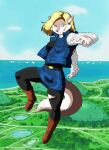 2015 android_18 anthro belt blonde_hair blue_eyes boots bottomwear breasts canid canine canis clothed clothing cosplay digital_media_(artwork) dragon_ball ear_piercing ear_ring female footwear fur hair hi_res jacket jill_(xxsparcoxx) legwear mammal multicolored_body multicolored_fur piercing ring_piercing shirt skirt solo topwear torn_clothing torn_legwear two_tone_body two_tone_fur water wolf xxsparcoxx