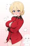  1girl blonde_hair blue_eyes blush breasts cleavage darjeeling_(girls_und_panzer) girls_und_panzer gradient_background highres large_breasts long_sleeves looking_at_viewer multiple_views open_mouth pink_background polka_dot polka_dot_background red_shirt shirt shisum short_hair thighs 