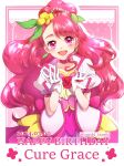  1girl birthday character_name choker cure_grace dress earrings flower flower_brooch gloves hair_flower hair_ornament hanadera_nodoka healin&#039;_good_precure heart heart_hair_ornament jewelry leaf_earrings long_hair looking_at_viewer magical_girl open_mouth pink_background pink_choker pink_dress pink_eyes pink_hair precure puffy_sleeves short_sleeves smile solo tanshi_tanshi twitter_username white_gloves 