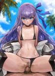  1boy 1girl absurdres bangs bare_shoulders bikini black_bikini black_jacket blue_eyes blue_sky blush breasts choker clenched_teeth collarbone cowgirl_position fate/grand_order fate_(series) girl_on_top hetero highres jacket long_hair long_sleeves looking_at_viewer meltryllis_(fate) meltryllis_(swimsuit_lancer)_(fate) meltryllis_(swimsuit_lancer)_(first_ascension)_(fate) off_shoulder palm_tree penis prosthesis prosthetic_leg purple_hair pussy sex sky sleeves_past_fingers sleeves_past_wrists small_breasts solo_focus spread_legs sterben straddling swimsuit teeth thighs tree vaginal very_long_hair 