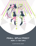  2girls bare_shoulders black_dress black_footwear black_hair callie_(splatoon) cross-shaped_pupils detached_collar dress earrings full_body gloves green_pantyhose grey_hair highres holding_hands jewelry marie_(splatoon) memi_(gamemix) mole mole_under_eye multiple_girls open_mouth pantyhose pink_pantyhose pointy_ears shoes signature splatoon_(series) splatoon_1 symbol-shaped_pupils tentacle_hair thick_eyebrows white_gloves yellow_eyes 