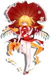  1girl alternate_costume artist_request blonde_hair china_dress chinese_clothes chinese_commentary commentary_request crossed_bandaids crystal dress fang flandre_scarlet gloves high_heels highres holding holding_umbrella looking_at_viewer multicolored_wings navel no_headwear non-web_source official_art one_eye_closed one_side_up pointy_ears red_eyes red_footwear red_gloves shadow shoes side_ponytail single_shoe smile thighhighs torn_clothes torn_dress torn_thighhighs torn_umbrella touhou touhou_hero_of_ice_fairy transparent_background umbrella white_thighhighs wings 