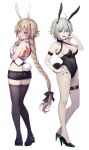  2girls ahoge animal_ears ass back back_tattoo bangs bare_shoulders black_gloves black_leotard black_shorts blonde_hair blue_eyes blush braid breasts chain cleavage collar covered_navel elbow_gloves fake_animal_ears fate/apocrypha fate/grand_order fate_(series) fishnet_legwear fishnets full_body gloves grey_hair high_heels highleg highleg_leotard highres jeanne_d&#039;arc_(fate) jeanne_d&#039;arc_(girl_from_orleans)_(fate) jeanne_d&#039;arc_alter_(avenger)_(fate) jeanne_d&#039;arc_alter_(fate) large_breasts leotard long_braid long_hair looking_at_viewer multiple_girls open_mouth pantyhose playboy_bunny rabbit_ears rabbit_tail short_hair short_shorts shorts simple_background single_braid tail tattoo thighhighs vivi_(eve_no_hakoniwa) white_background wrist_cuffs yellow_eyes 