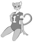 ambiguous_gender anime_eyes anime_style anonymous_artist anthro black_and_white blush blush_lines cosmo_(byu) eyebrows felid feline hi_res jersey kneeling looking_at_viewer male_(lore) mammal mascot monochrome sharp_teeth smile solo teeth