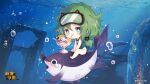  +_+ 1girl bangs benghuai_xueyuan blue_swimsuit chibi closed_mouth drinking_straw fish food fruit full_body glass goggles goggles_on_head green_eyes green_hair honkai_(series) ice_cream official_art one-piece_swimsuit side_ponytail smile solo strawberry sundae swimsuit underwater water yssring_leavtruth 