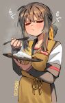  1girl :t apron black_sailor_collar black_shirt black_skirt blush brown_hair closed_eyes closed_mouth collarbone commentary_request curry eating ergot food fubuki_(kancolle) grey_background hair_between_eyes hair_ribbon holding holding_plate holding_polearm holding_weapon kantai_collection layered_sleeves long_sleeves low_ponytail medium_hair motion_lines plate polearm ribbon rice sailor_collar shirt short_over_long_sleeves short_sleeves sidelocks signature simple_background skirt sleeves_past_wrists solo upper_body weapon white_shirt yellow_ribbon 
