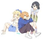  3girls alternate_eye_color arm_at_side artist_name baggy_clothes baggy_pants bare_legs bare_shoulders black_hair blonde_hair blue_bow blue_shirt blue_shorts bow brown_eyes buttons child chipochopo324 collared_shirt criss-cross_strings dot_nose eyelashes fingernails flat_chest floral_print floral_print_shirt frilled_footwear frilled_shirt frilled_shirt_collar frills green_eyes green_skirt grey_eyes grey_pants hair_between_eyes hair_bow hair_ornament hairclip half_updo hand_on_own_cheek hand_on_own_face hand_up hands_up head_tilt heart heart_hair_ornament highres idol idolmaster idolmaster_cinderella_girls idolmaster_cinderella_girls_u149 knees_up leaning leaning_forward long_bangs long_hair long_sleeves looking_at_viewer looking_to_the_side medium_bangs medium_hair multiple_girls off-shoulder_shirt off_shoulder official_alternate_costume official_alternate_hairstyle one_eye_closed open_mouth orange_hair pants pink_footwear pocket ponytail posing puffy_short_sleeves puffy_sleeves rabbit_hair_ornament ribbon sakurai_momoka sandals satonaka_chie shirt shoes short_sleeves shorts sidelocks signature simple_background sitting skirt smile sneakers socks standing straight_hair swept_bangs teeth tongue wavy_hair white_background white_footwear white_ribbon white_shirt white_socks yuuki_haru 