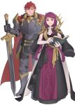  1boy 1girl amor armor armored_boots book boots breasts cape diamant_(fire_emblem) dress ebinku elbow_gloves fire_emblem fire_emblem_engage frilled_dress frills full_body fur_trim gloves highres holding holding_book holding_sword holding_weapon ivy_(fire_emblem) king long_dress long_hair looking_at_viewer male_focus open_book purple_eyes purple_hair red_eyes red_hair short_hair shoulder_armor simple_background smile sword weapon white_background white_gloves 