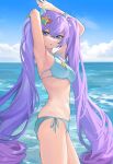  1girl :o a-soul absurdres armpits arms_up bikini blue_bikini blue_eyes blue_ribbon blue_sky breasts chuck_(harfmoondark) cloud cowboy_shot day from_side hair_ornament highres horizon large_breasts long_hair looking_at_viewer looking_to_the_side ocean open_mouth outdoors purple_hair ribbon side-tie_bikini skindentation sky solo star_(symbol) star_hair_ornament swimsuit twintails v-shaped_eyebrows very_long_hair water 