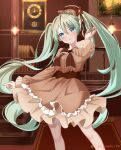  1girl absurdres analog_clock aqua_hair artist_name blue_eyes blush bookshelf bow bowtie brown_bow brown_bowtie brown_dress brown_hat brown_ribbon clock commentary dress frilled_dress frills hair_between_eyes hand_up hat hat_ribbon hatsune_miku head_tilt highres holding_own_hair honeyrain_re indoors lamp layered_dress layered_sleeves long_hair long_sleeves looking_at_viewer picture_frame ribbon rug sidelocks solo standing twintails very_long_hair vocaloid wide_sleeves 