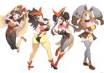  4girls absurdres animal_ears arm_behind_back arm_behind_head ass backless_outfit bare_shoulders black_eyes black_hair black_leotard black_pantyhose blue_eyes breasts brown_gloves brown_hair brown_leotard brown_skirt brown_tube_top cleavage collarbone cosplay cowboy_shot dawn_(pokemon) detached_collar diggersby diggersby_(cosplay) double_v doughnut_hair_bun fluffy_hair from_behind full_body gloves gonzarez grey_pantyhose grey_thighhighs hair_bun high_ponytail highres hilda_(pokemon) jumping large_breasts leotard long_hair looking_at_viewer lop_rabbit_ears lopunny lopunny_(cosplay) medium_breasts multiple_girls navel necktie one_eye_closed orange_gloves orange_leotard panties pantyhose playboy_bunny pokemon pokemon_bw pokemon_bw2 rabbit_ears rabbit_pose rabbit_tail rosa_(pokemon) serena_(pokemon) sidelocks simple_background skirt solo standing strapless tail thighhighs tube_top underwear v victini victini_(cosplay) white_background yellow_panties yellow_tube_top 
