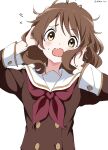  1girl absurdres adjusting_hair artist_name blush brown_eyes brown_hair brown_shirt flying_sweatdrops hands_up head_tilt hibike!_euphonium highres kitauji_high_school_uniform long_sleeves looking_at_viewer neckerchief open_mouth oumae_kumiko red_neckerchief sailor_collar school_uniform serafuku shirt short_hair simple_background solo white_background white_gorilla_(okamoto) white_sailor_collar 