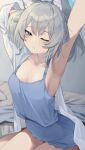 1girl ;| absurdres animal_ears armpits arms_up blue_archive blue_camisole blue_shorts breasts camisole collarbone commentary grey_hair halo highres indoors medium_breasts shiroko_(blue_archive) shirt shorts solo stretching wakamepiza waking_up white_shirt wolf_ears 